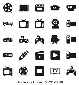 Flat vector icon set - cinema clap vector, film spool, gamepad, tv, video camera, remote control, play button, stop, web, projector