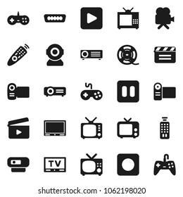 Flat vector icon set - cinema clap vector, film spool, tv, gamepad, video camera, remote control, play button, pause, rec, hdmi, web, projector