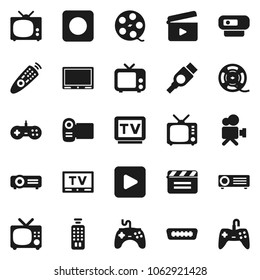 Flat vector icon set - cinema clap vector, film spool, tv, gamepad, video camera, remote control, play button, rec, hdmi, web, projector