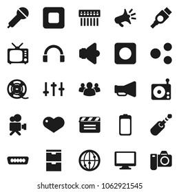 Flat vector icon set - cinema clap vector, film spool, microphone, radio, speaker, loudspeaker, tv, settings, video camera, internet, headphones, monitor, group, heart, battery, stop button, rec
