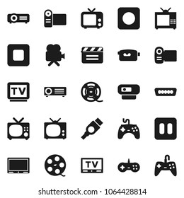 Flat vector icon set - cinema clap vector, film spool, tv, gamepad, video camera, pause button, stop, rec, hdmi, web, projector