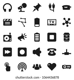 Flat vector icon set - cinema clap vector, microphone, radio, antenna, speaker, tv, video camera, touchscreen, headphones, classic phone, social media, group, heart, thumbtack, battery, stop button