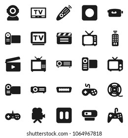 Flat vector icon set - cinema clap vector, film spool, tv, gamepad, video camera, remote control, pause button, rec, hdmi, web, projector