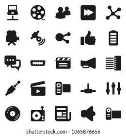 Flat vector icon set - cinema clap vector, film spool, disk, radio, satellitie, newspaper, speaker, loudspeaker, settings, video camera, dialog, social media, group, finger up, battery, hdmi, jack