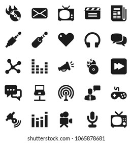 Flat vector icon set - cinema clap vector, music hit, antenna, satellitie, newspaper, gamepad, equalizer, video camera, microphone, dialog, speaking man, headphones, heart, mail, forward button, tv