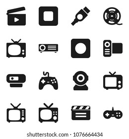 Flat vector icon set - cinema clap vector, film spool, tv, gamepad, video camera, stop button, rec, hdmi, web, projector