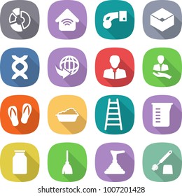 flat vector icon set - circle diagram vector, wireless home, hand coin, box, dna, delivery, client, flip flops, washing, ladder, measuring cup, bank, broom, plunger, toilet brush