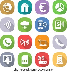 flat vector icon set - circle diagram vector, gift, touch, wireless, cloud, phone pay, mobile, laptop wifi, touchscreen, sim card, router, grater