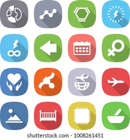 flat vector icon set - circle diagram vector, graph, hex molecule, lightning, infinity power, left arrow, calendar, female sign, health care, satellite, plane shipping, landscape, crib, cpu, mortar