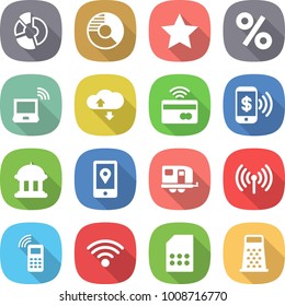 flat vector icon set - circle diagram vector, star, percent, notebook wireless, cloud service, tap to pay, phone, goverment house, mobile location, trailer, sim card, grater