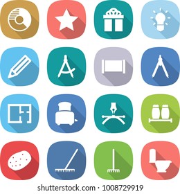 flat vector icon set - circle diagram vector, star, gift, bulb, pencil, draw compass, fence, drawing compasses, plan, toaster, pen, salt pepper, potato, rake, toilet