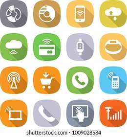 flat vector icon set - circle diagram vector, phone wireless, cloud service, tap to pay, smart watch, bracelet, antenna, add cart, mobile, laptop wifi, touchscreen, signal