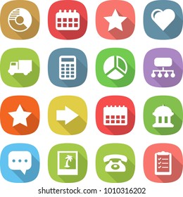 flat vector icon set - circle diagram vector, calendar, star, heart, truck, calculator, structure, right arrow, goverment house, sms, photo, phone, clipboard list