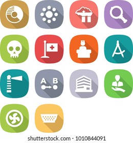 flat vector icon set - circle diagram vector, round around, factory filter, magnifier, skull, medical flag, hospital recieption, draw compass, lighthouse, route a to b, office, client, cooler fan