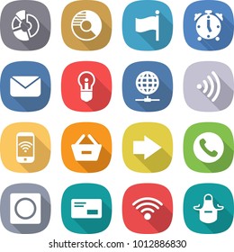flat vector icon set - circle diagram vector, flag, alarm clock, mail, bulb, globe connect, wireless, phone, remove from basket, right arrow, ring button, envelope, apron