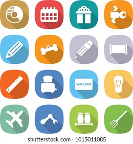 flat vector icon set - circle diagram vector, calendar, gift, satellite, pencil, bone, fence, ruler, toaster, welcome mat, bulb, plane, robot hand, salt pepper, fork
