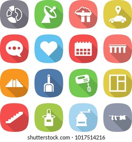 flat vector icon set - circle diagram vector, satellite antenna, factory filter, car pointer, balloon, heart, calendar, bridge, pyramid, scoop, mixer, window, stairs, apron, hand mill