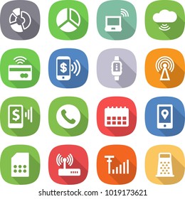 flat vector icon set - circle diagram vector, notebook wireless, cloud, tap to pay, phone, smart watch, antenna, mobile, calendar, location, sim card, router, signal, grater