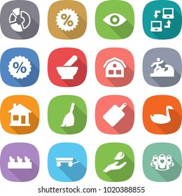 flat vector icon set - circle diagram vector, percent, eye, notebook connect, mortar, house, surfer, home, broom, cutting board, goose, seedling, trailer, hand leaf, outsource
