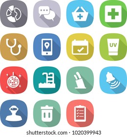 flat vector icon set - circle diagram vector, discussion, add to basket, medical cross, stethoscope, mobile location, terms, uv cream, disco ball, pool, stands for knives, bell, vr helmet, trash bin