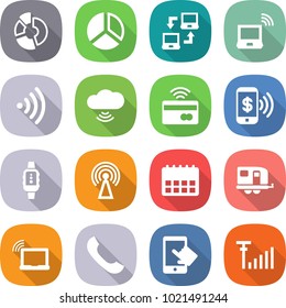 flat vector icon set - circle diagram vector, notebook connect, wireless, cloud, tap to pay, phone, smart watch, antenna, calendar, trailer, laptop wifi, touchscreen, signal