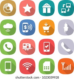 flat vector icon set - circle diagram vector, star, gift, notebook connect, cloud wireless, phone pay, add to cart, spark plug, trailer, mobile checking, sim card, antenna signal