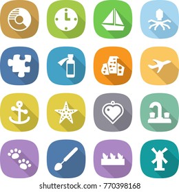flat vector icon set - circle diagram vector, clock, boat, virus, puzzle, potion bottle, modern architecture, plane, anchor, starfish, heart pendant, water tap, pets, big spoon, seedling, windmill