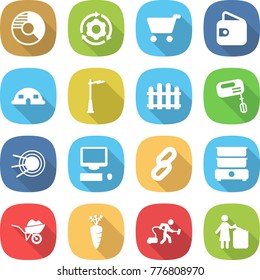 flat vector icon set - circle diagram vector, around gear, cart, wallet, dome house, outdoor light, fence, mixer, satellite, computer, link, double boiler, wheelbarrow, carrot, vacuum cleaner