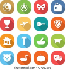 flat vector icon set - circle diagram vector, rocket, bow, wallet, wineglass, plane, key, shield, home, hammer, mortar, cow, pig, goose, pumpkin, call cleaning