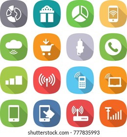 flat vector icon set - circle diagram vector, gift, phone wireless, cloud, add to cart, spark plug, sorting, mobile, laptop wifi, touchscreen, router, antenna signal