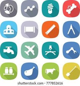 flat vector icon set - circle diagram vector, graph, bulb, broken bone, mansion, fence, ruler, drawing compasses, water tap, plane, pen, robot hand, salt pepper, chicken leg, cow, shovel