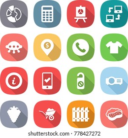 flat vector icon set - circle diagram vector, calculator, presentation, notebook connect, ufo, dollar pin, phone, t shirt, info, mobile checking, do not distrub, projector, berry, wheelbarrow, fence