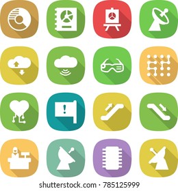 flat vector icon set - circle diagram vector, annual report, presentation, satellite antenna, cloud service, wireless, smart glasses, chip, cardio, important flag, escalator, reception