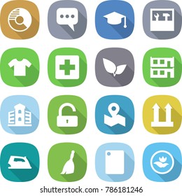 flat vector icon set - circle diagram vector, message, graduate hat, tools, t shirt, medical cross, leafs, modular house, building, unlock, map, cargo top sign, iron, broom, cutting board, ecology