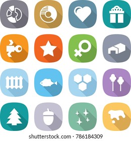 flat vector icon set - circle diagram vector, heart, gift, satellite, star, female sign, warehouse, radiator, fish, honeycombs, trees, spruce, acorn, shining, spot