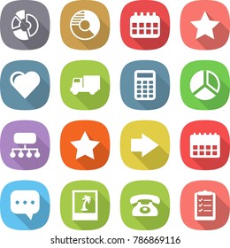flat vector icon set - circle diagram vector, calendar, star, heart, truck, calculator, structure, right arrow, sms, photo, phone, clipboard list