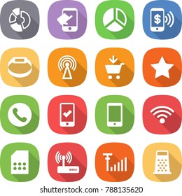 flat vector icon set - circle diagram vector, touch, phone pay, smart bracelet, antenna, add to cart, star, mobile checking, wireless, sim card, router, signal, grater
