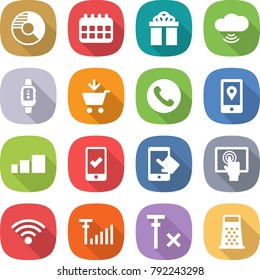 flat vector icon set - circle diagram vector, calendar, gift, cloud wireless, smart watch, add to cart, phone, mobile location, sorting, checking, touchscreen, antenna signal, no, grater