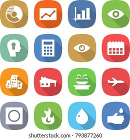 flat vector icon set - circle diagram vector, statistics, graph, eye, bulb head, calculator, calendar, modern architecture, house with garage, fountain, plane, ring button, fire, drop, hand