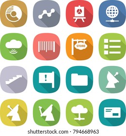 flat vector icon set - circle diagram vector, graph, presentation, globe connect, cloud wireless, bar code, store signboard, list, stairs, important flag, documents, satellite antenna, envelope