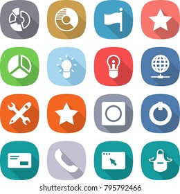 flat vector icon set - circle diagram vector, flag, star, bulb, globe connect, pencil wrench, ring button, on off, envelope, phone, browser window, apron