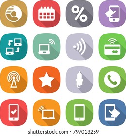 flat vector icon set - circle diagram vector, calendar, percent, touch, notebook connect, wireless, tap to pay, antenna, star, spark plug, phone, mobile checking, laptop wifi, touchscreen