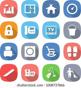 flat vector icon set - city vector, plan, bungalow, barometer, locked, intercome, tv, bucket, toaster, ring button, rocking chair, slippers, stairs, food processor, vacuum cleaner, brooming