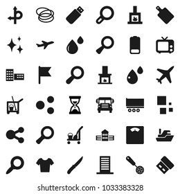 Flat vector icon set - cleaner trolley vector, shining, skimmer, knife, cutting board, school building, bus, flag, magnifier, sand clock, scales, t shirt, hoop, route, plane, ship, truck trailer, tv