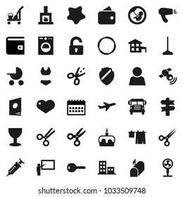 Flat vector icon set - cleaner trolley vector, mop, splotch, drying clothes, cake, blackboard, scissors, school bus, wallet, calendar, swimsuite, hoop, signpost, plane, glass, satellitie, heart, key