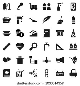 Flat vector icon set - cleaner trolley vector, vacuum, scoop, sprayer, water closet, cookbook, spices, plates, pasta, potato, pen, corner ruler, coin stack, heart pulse, bottle, stairways run, cargo