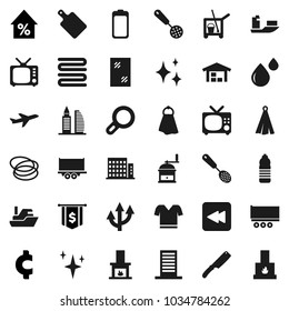 Flat vector icon set - cleaner trolley vector, towel, shining, window cleaning, skimmer, knife, cutting board, hand mill, percent growth, dollar flag, cent sign, t shirt, water bottle, hoop, plane