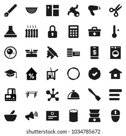 Flat vector icon set - cleaner trolley vector, window cleaning, colander, spatula, rolling pin, thermometer, dish, graduate hat, pen, school building, certificate, scissors, molecule, credit card