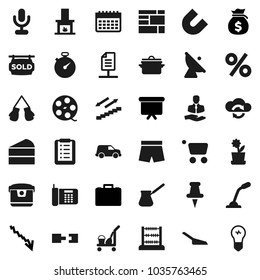 Flat vector icon set - cleaner trolley vector, scoop, pan, turk coffee, cake, magnet, abacus, crisis, money bag, case, presentation board, stopwatch, boxing glove, shorts, calendar, stairways run