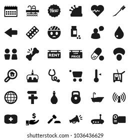 Flat vector icon set - cleaner trolley vector, water drop, car fetlock, bath, closet, oil, thermometer, mushroom, cake, investment, auction, calendar, heart pulse, pills vial, weight, pool, blister